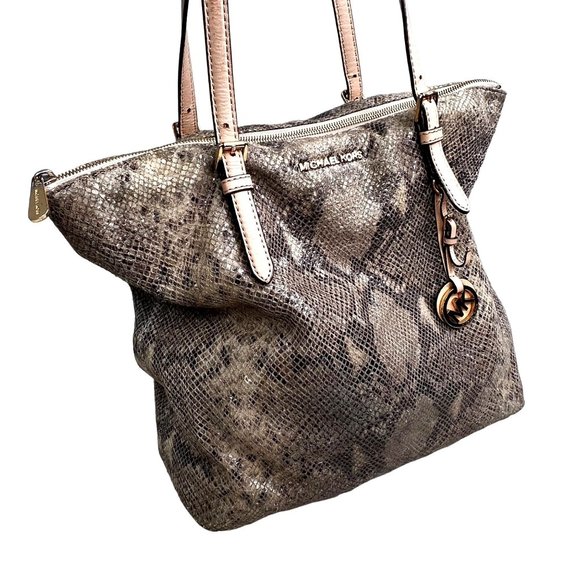 Michael Kors Python Effect Bag Tote Embossed Leather Snakeskin Print Tan Black - Picture 8 of 16